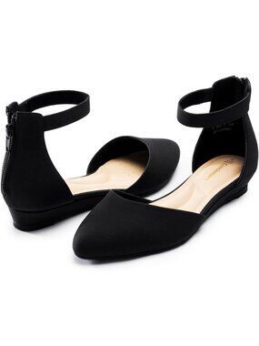 Women's Closed Toe Black Flat Shoes with Low Wedge Heel Ankle Strap Pointed Flat